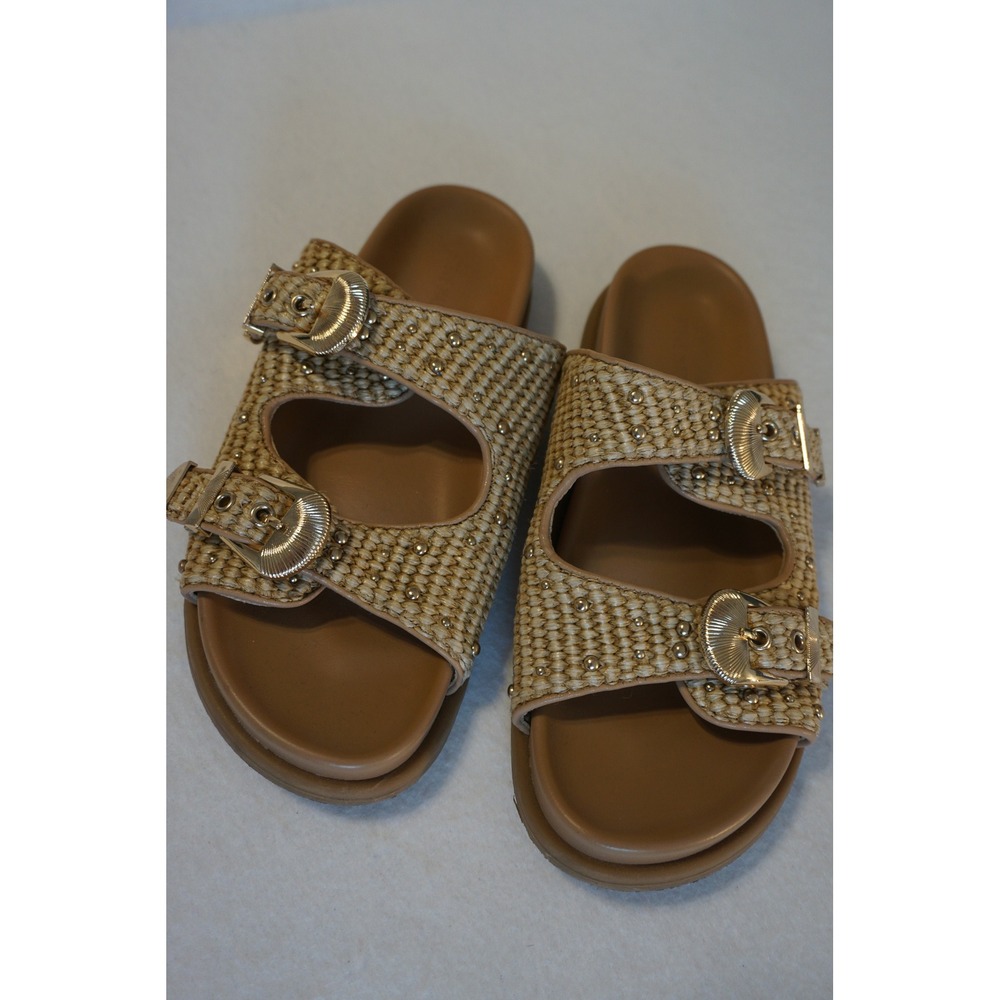 Steve Madden Zuree Natural Raffia Studded Buckle Slide Sandals Tan Womens 8.5M